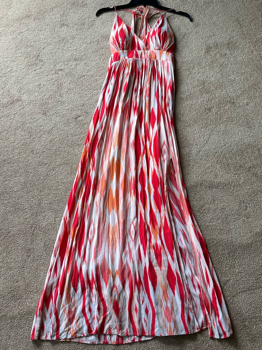 Athleta Red, White & coral Ikat Halter Maxi Dress